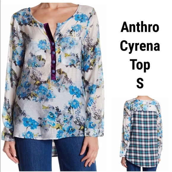 NWT Anthropologie Cyrena Top Tunic Floral Plaid Boho Bohemian Blue Purple NEW - Picture 12 of 12
